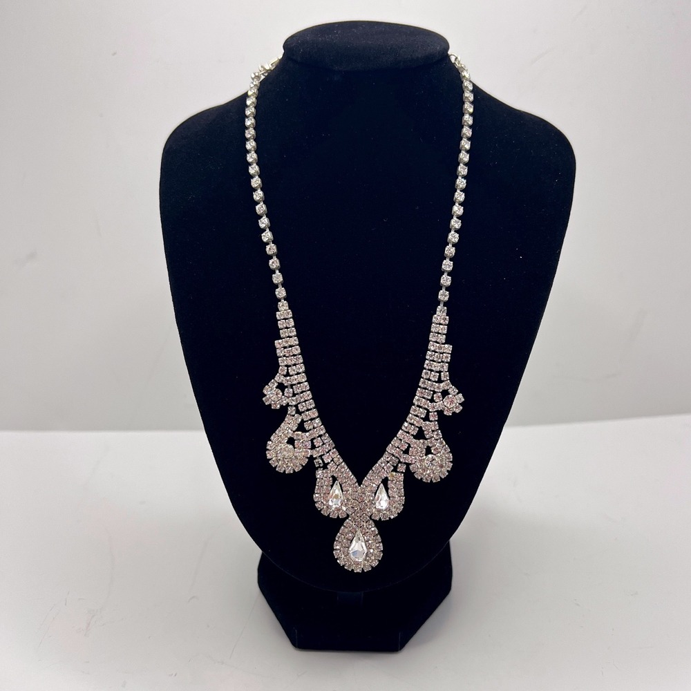 Rhinestone Bib Statement Necklace Silver Tone Clear Crystal Bridal Vintage Style
